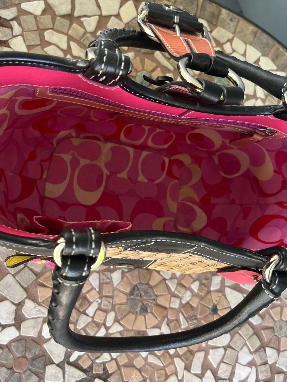 Coach Straw Tote with Black Leather Trim and Pink Accents